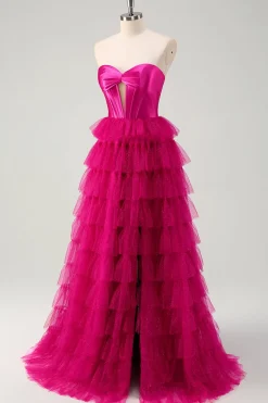 Fuchsia fúcsia querida buraco de fechadura em camadas tule longa princesa vestidos de baile com fenda