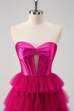 Fuchsia fúcsia querida buraco de fechadura em camadas tule longa princesa vestidos de baile com fenda