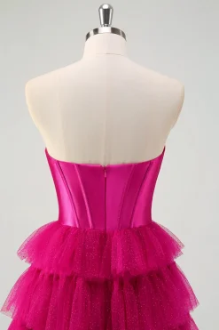 Fuchsia fúcsia querida buraco de fechadura em camadas tule longa princesa vestidos de baile com fenda
