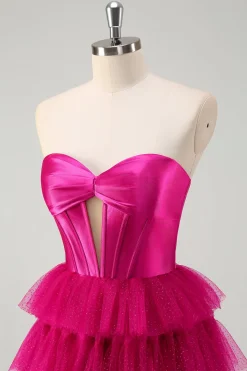 Fuchsia fúcsia querida buraco de fechadura em camadas tule longa princesa vestidos de baile com fenda