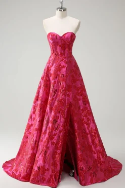 Fuchsia Floral Jacquard Querida Princesa Long Corset Prom Dress com Fenda