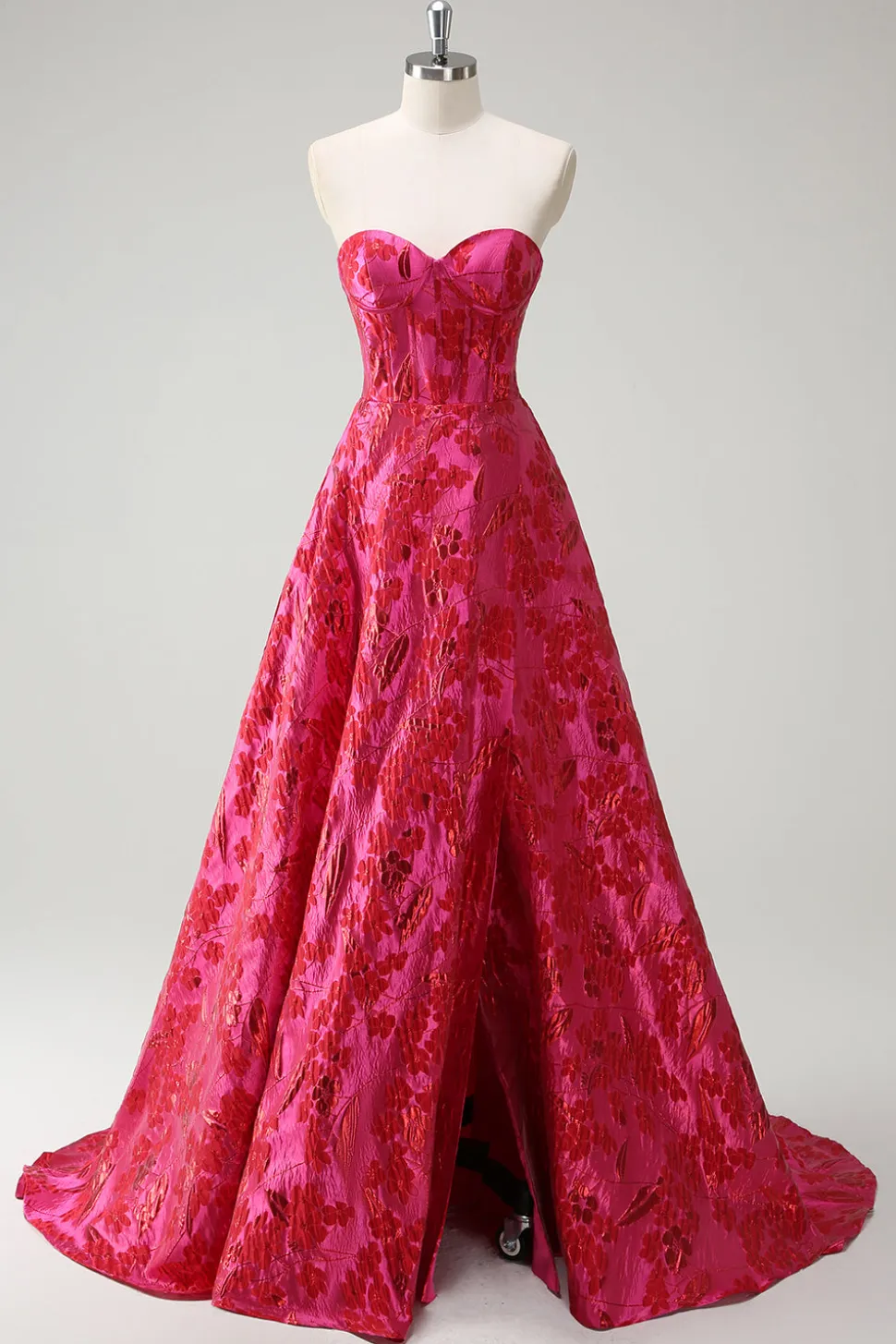 Fuchsia Floral Jacquard Querida Princesa Long Corset Prom Dress com Fenda