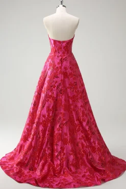 Fuchsia Floral Jacquard Querida Princesa Long Corset Prom Dress com Fenda