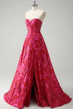 Fuchsia Floral Jacquard Querida Princesa Long Corset Prom Dress com Fenda
