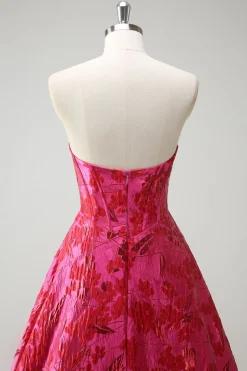 Fuchsia Floral Jacquard Querida Princesa Long Corset Prom Dress com Fenda