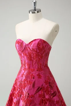 Fuchsia Floral Jacquard Querida Princesa Long Corset Prom Dress com Fenda