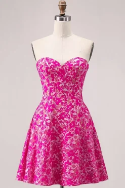 Fuchsia Floral Strapless Uma Linha Mini Homecoming Dress