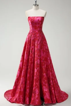 Fuchsia Floral Strapless A-Line Vestido Longo Baile de Formatura