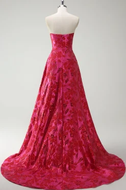 Fuchsia Floral Strapless A-Line Vestido Longo Baile de Formatura