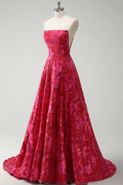 Fuchsia Floral Strapless A-Line Vestido Longo Baile de Formatura