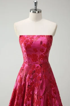 Fuchsia Floral Strapless A-Line Vestido Longo Baile de Formatura