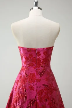 Fuchsia Floral Strapless A-Line Vestido Longo Baile de Formatura