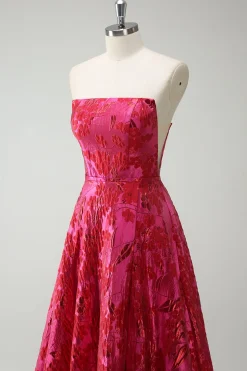 Fuchsia Floral Strapless A-Line Vestido Longo Baile de Formatura
