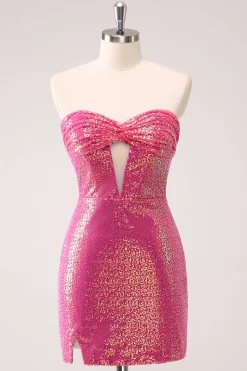 Fuchsia Hollow out Strapless Sequins Vestido Apertado Homecoming com Fenda