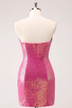 Fuchsia Hollow out Strapless Sequins Vestido Apertado Homecoming com Fenda