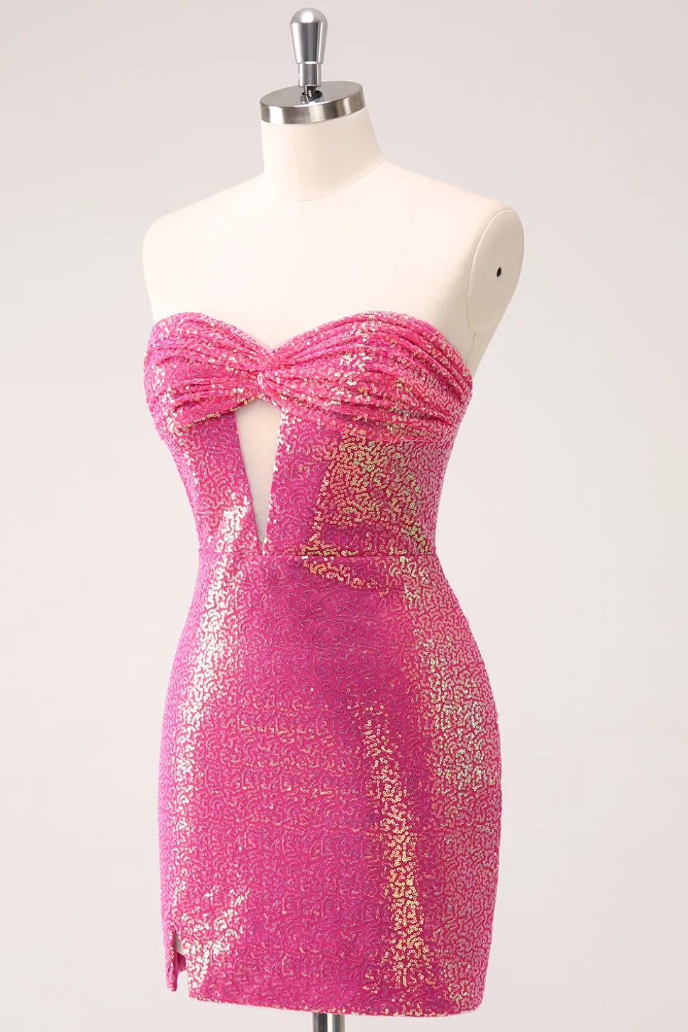 Fuchsia Hollow out Strapless Sequins Vestido Apertado Homecoming com Fenda