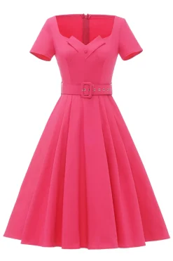 Fuchsia Mangas Curtas Vestido vintage de 1950 com cinto