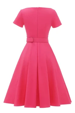 Fuchsia Mangas Curtas Vestido vintage de 1950 com cinto