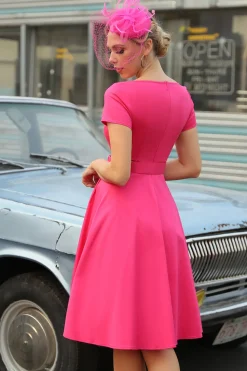 Fuchsia Mangas Curtas Vestido de 1950 com cinto