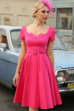 Fuchsia Mangas Curtas Vestido de 1950 com cinto