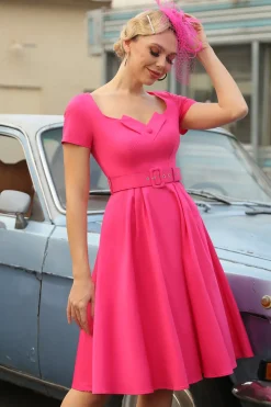 Fuchsia Mangas Curtas Vestido de 1950 com cinto