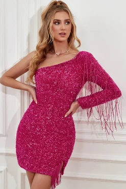 Fuchsia One Shoulder Sequins Vestido de Cocktail apertado com mangas