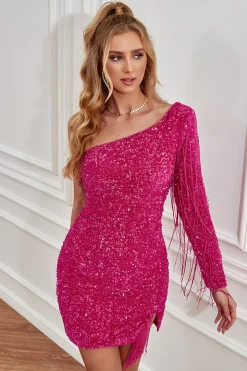 Fuchsia One Shoulder Sequins Vestido de Cocktail apertado com mangas