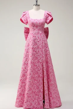 Fuchsia Pescoço Quadrado A-Line Bow Vestido Floral Prom com Fenda