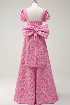 Fuchsia Pescoço Quadrado A-Line Bow Vestido Floral Prom com Fenda