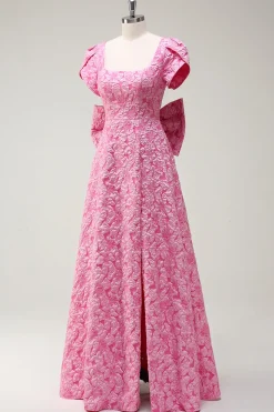 Fuchsia Pescoço Quadrado A-Line Bow Vestido Floral Prom com Fenda