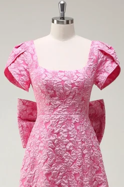 Fuchsia Pescoço Quadrado A-Line Bow Vestido Floral Prom com Fenda