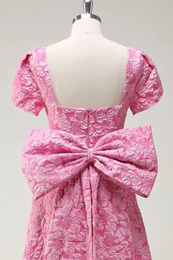 Fuchsia Pescoço Quadrado A-Line Bow Vestido Floral Prom com Fenda