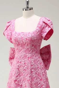 Fuchsia Pescoço Quadrado A-Line Bow Vestido Floral Prom com Fenda