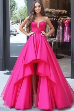 Fuchsia Princesa Querida High-Low Cetim Long Prom Dress