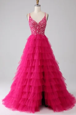 Fuchsia Princess A-Line Esparguete Correias Vestido de Baile de Lantejoulas Tiered Long Prom com Fenda