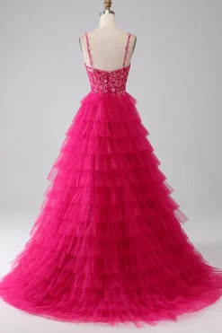Fuchsia Princess A-Line Esparguete Correias Vestido de Baile de Lantejoulas Tiered Long Prom com Fenda