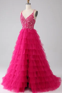 Fuchsia Princess A-Line Esparguete Correias Vestido de Baile de Lantejoulas Tiered Long Prom com Fenda