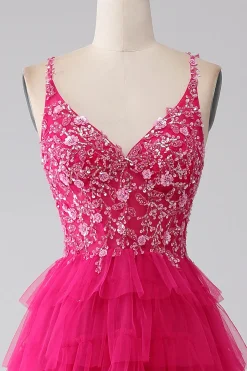 Fuchsia Princess A-Line Esparguete Correias Vestido de Baile de Lantejoulas Tiered Long Prom com Fenda