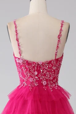 Fuchsia Princess A-Line Esparguete Correias Vestido de Baile de Lantejoulas Tiered Long Prom com Fenda