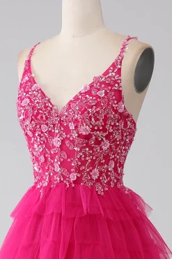 Fuchsia Princess A-Line Esparguete Correias Vestido de Baile de Lantejoulas Tiered Long Prom com Fenda