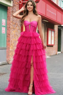 Fuchsia Princess Strapless Cut out Tiered Tulle Vestidos Longos Prom