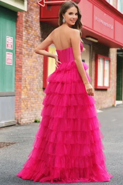 Fuchsia Princess Strapless Cut out Tiered Tulle Vestidos Longos Prom