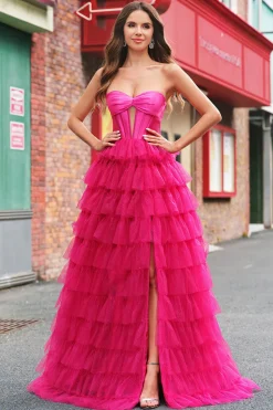 Fuchsia Princess Strapless Cut out Tiered Tulle Vestidos Longos Prom