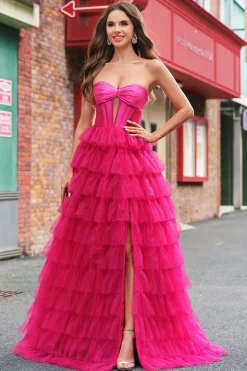 Fuchsia Princess Strapless Cut out Tiered Tulle Vestidos Longos Prom