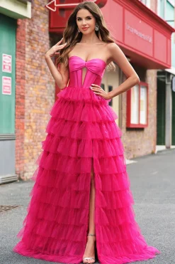 Fuchsia Princess Strapless Cut out Tiered Tulle Vestidos Longos Prom