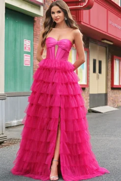 Fuchsia Princess Strapless Cut out Tiered Tulle Vestidos Longos Prom