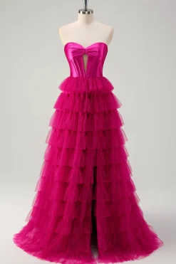 Fuchsia Princess Strapless Cut out Tiered Tulle Vestidos Longos Prom