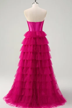 Fuchsia Princess Strapless Cut out Tiered Tulle Vestidos Longos Prom