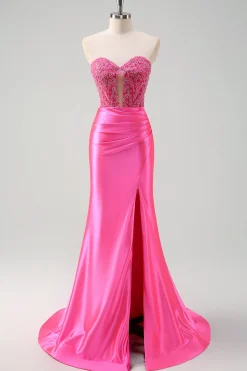 Fuchsia querida sereia cetim longo espartilho vestido de baile com apliques