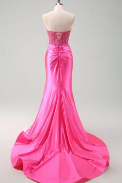 Fuchsia querida sereia cetim longo espartilho vestido de baile com apliques